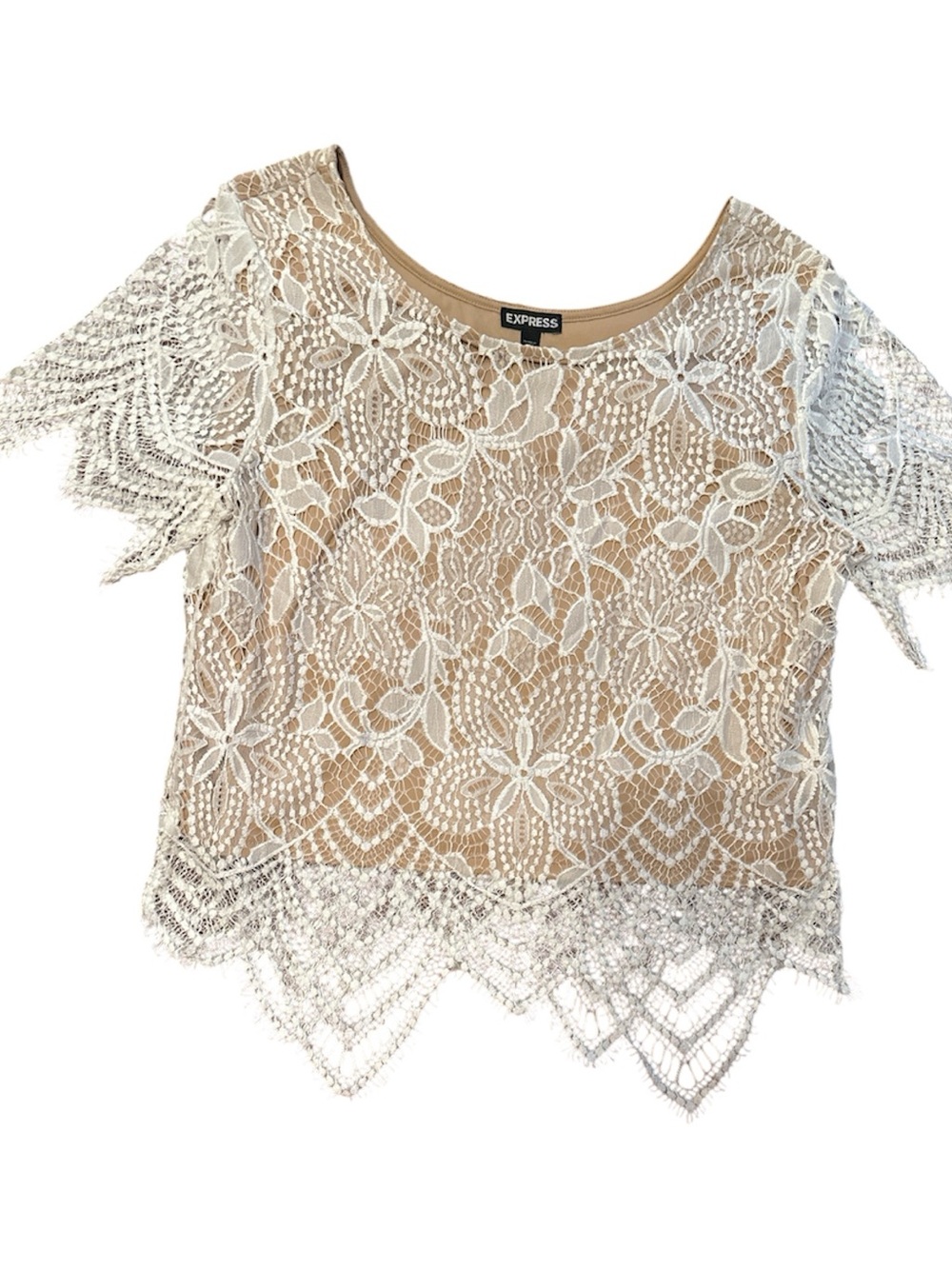 Express White Floral Crochet Lace Short Sleeve Top with Nude Lining